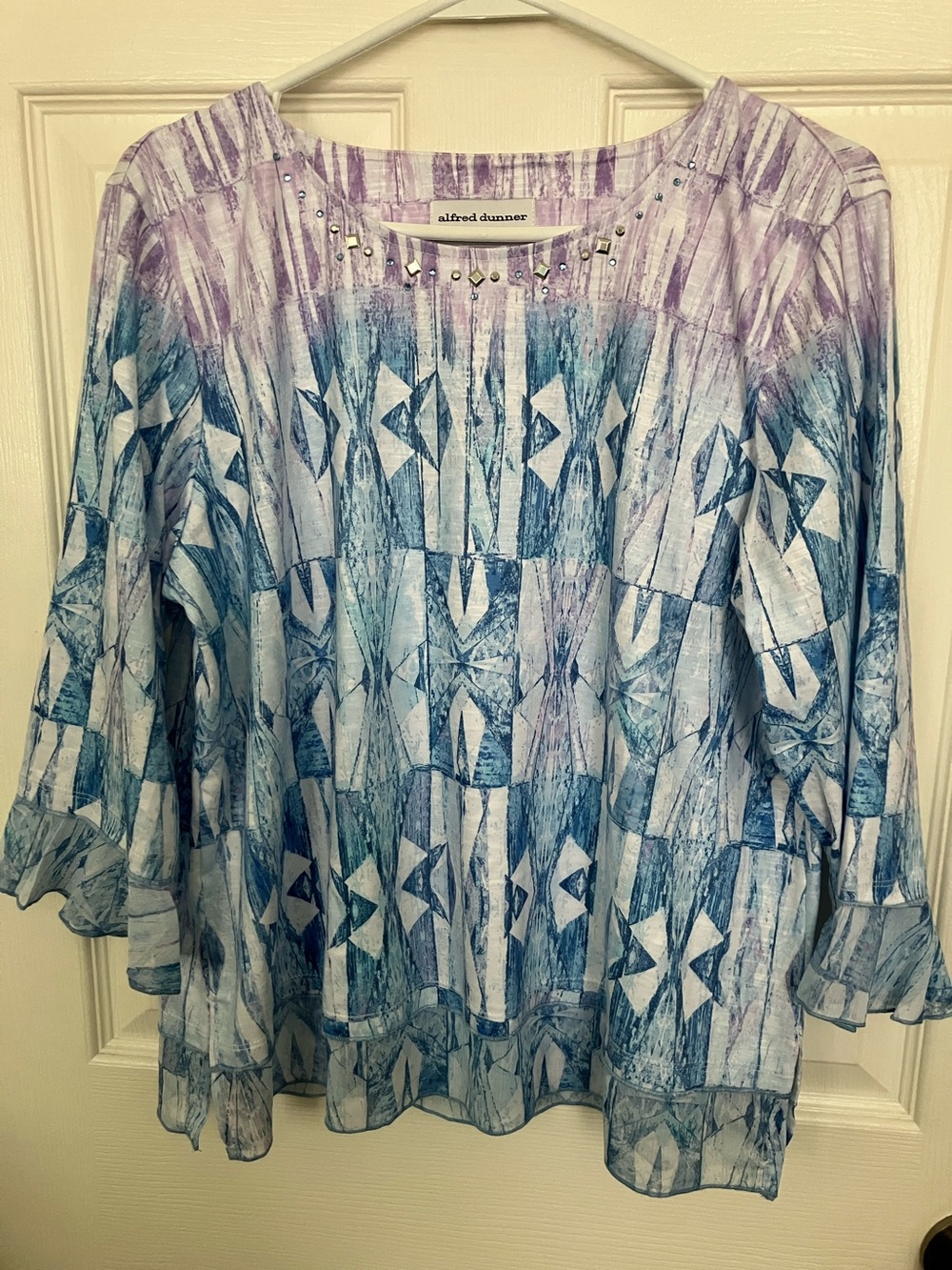 Alfred Dunner Blue and Lavender Geometric Tunic with Rhinestone Neckline
